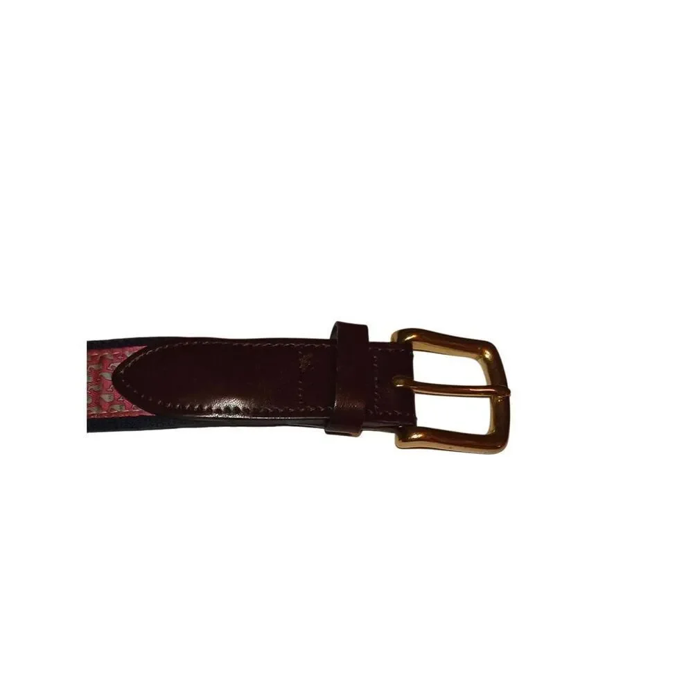 Vineyard Vines Men's Preppy Pink Whale Print Canvas & Leather Club Belt Size 32